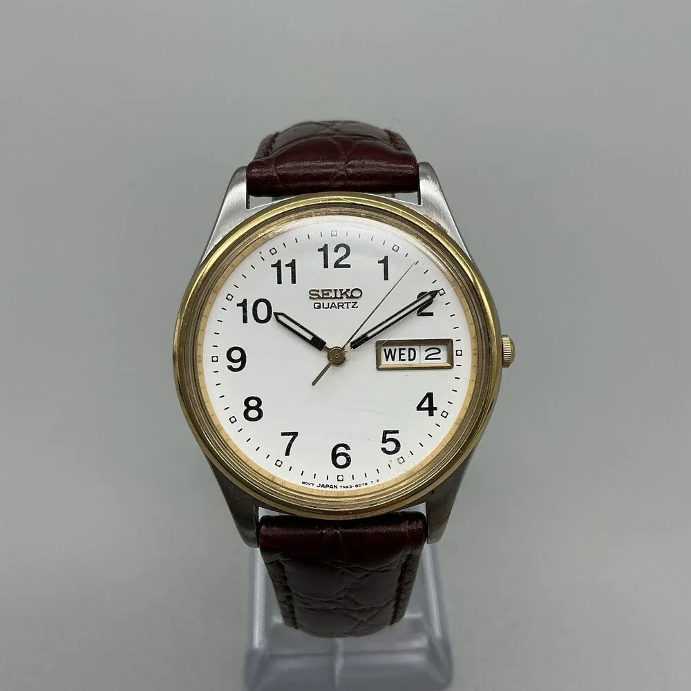 Vintage Seiko 7N43-8A39 Mens Watch 34mm Two Tone Leather Day Date New Battery